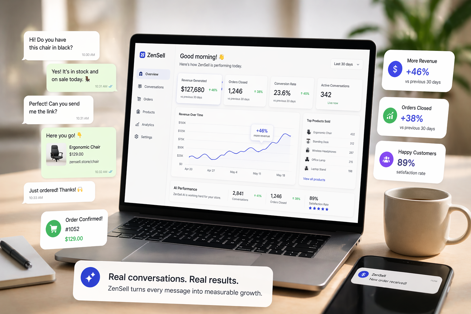 ZenSell dashboard showing live chat conversions and sales metrics